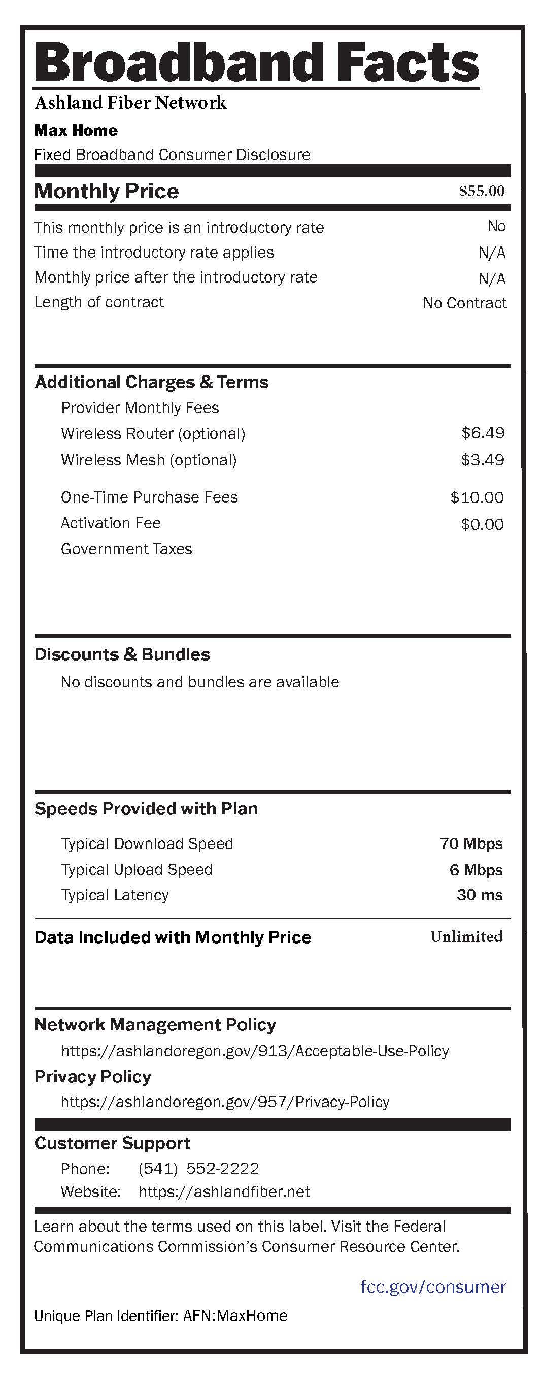 AFN MaxHome Broadband Label