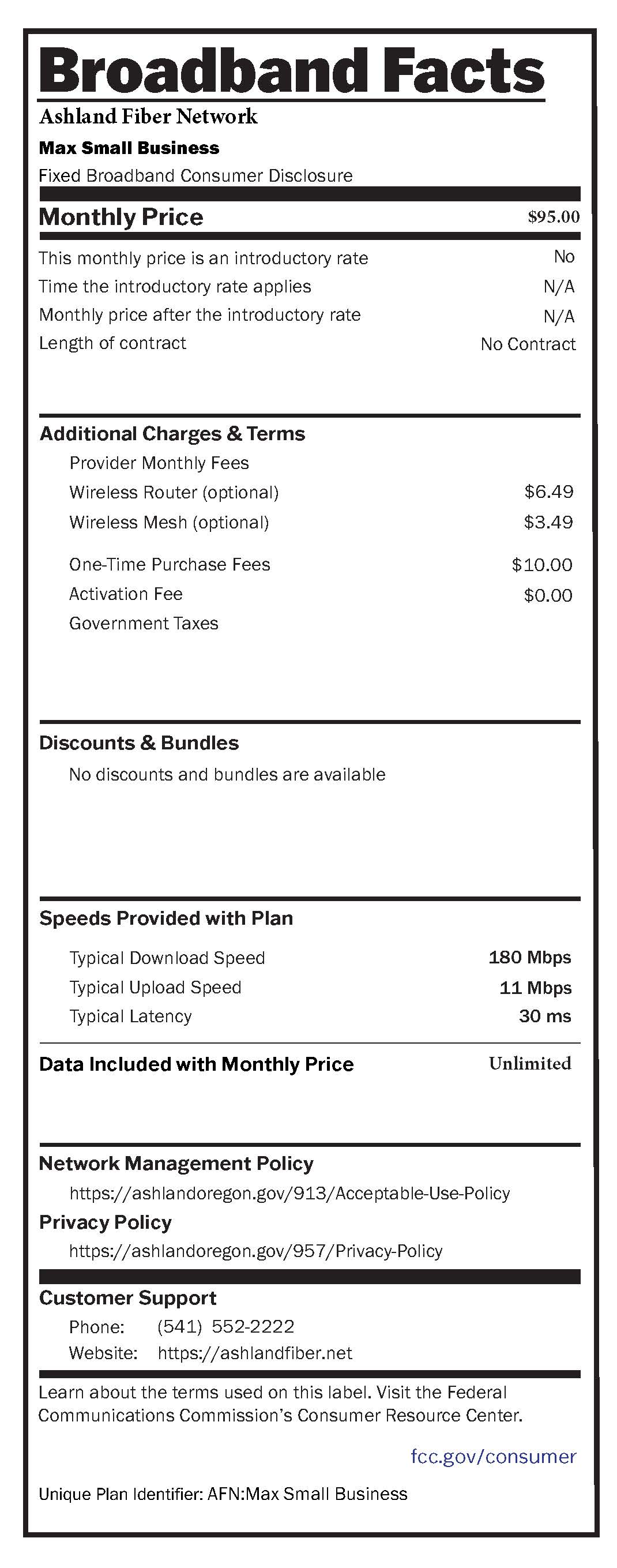 AFN MaxSmallBusiness Broadband Label