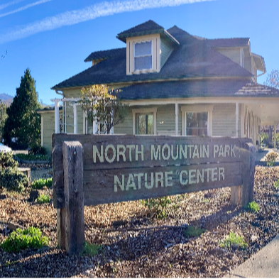 View of the Nature Center and heirloom gardens in front