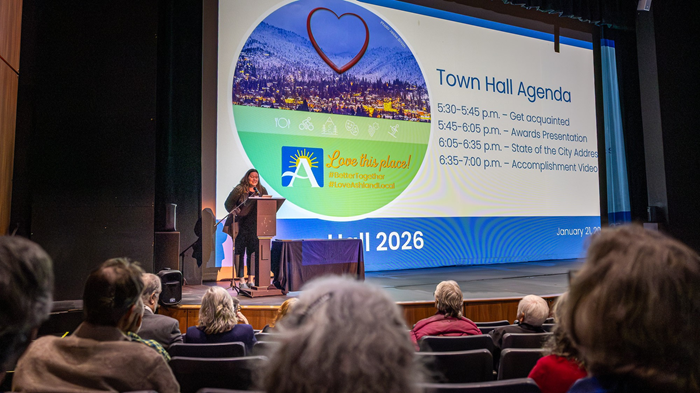 Sabrina Cotta, Ashland City Manager welcoming the audience - Courtesy Bob Palermini of Ashland.news 