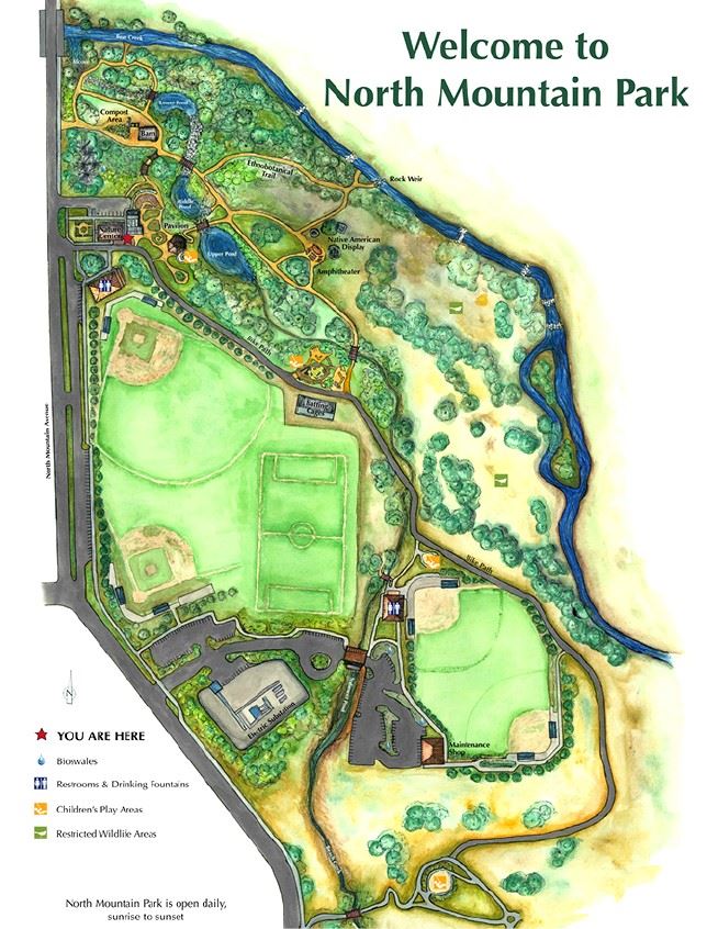 An interpretive watercolor map of North Mountain park