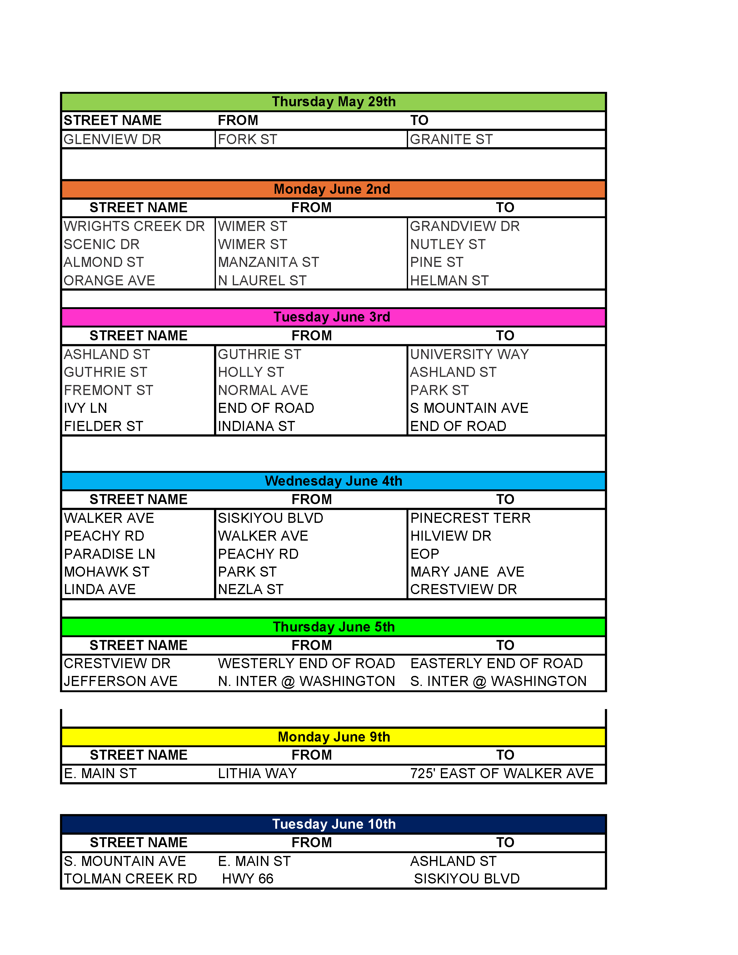 Revised City of Ashland Street Maintenance Schedule